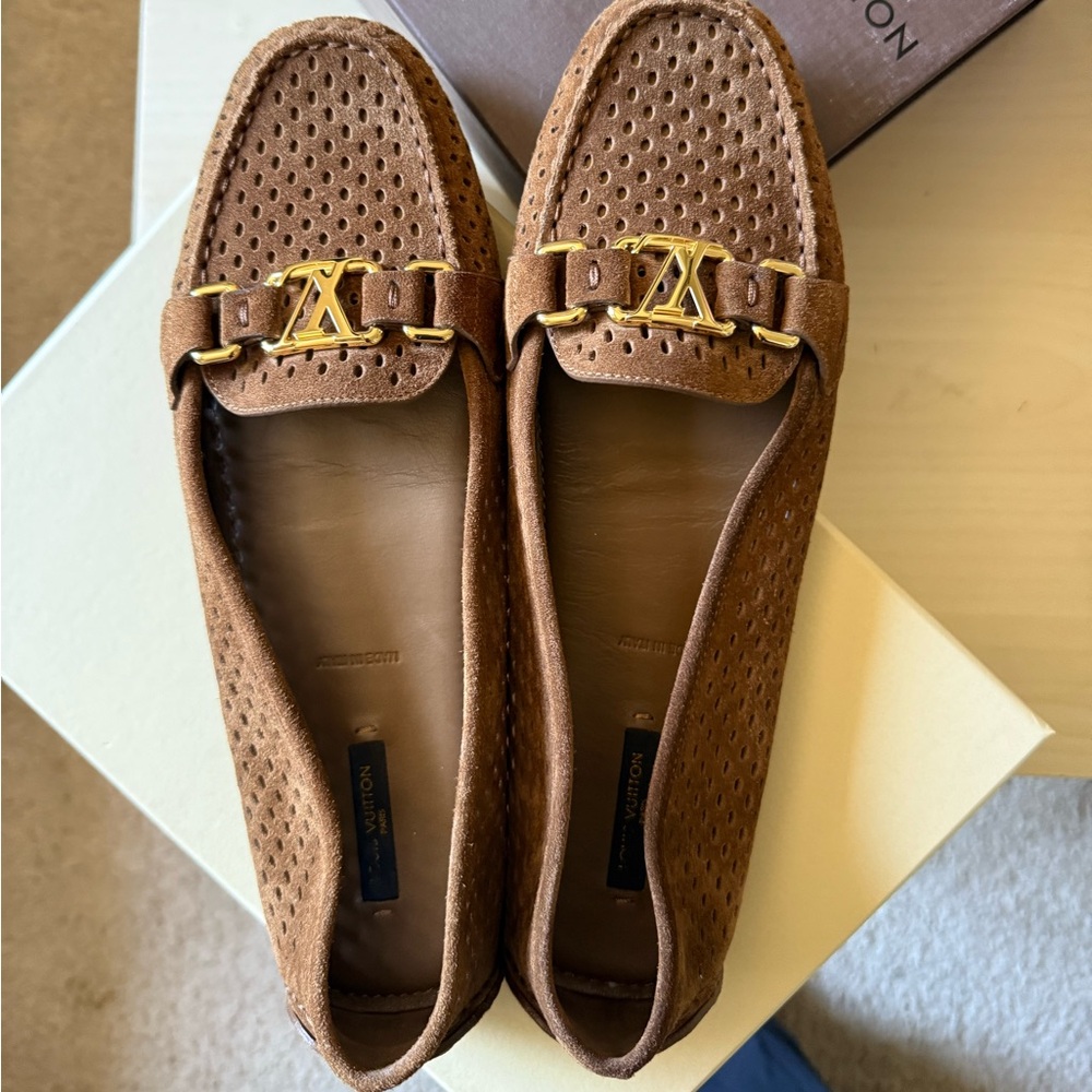Louis Vuitton Tan Loafers with Gold Detailing